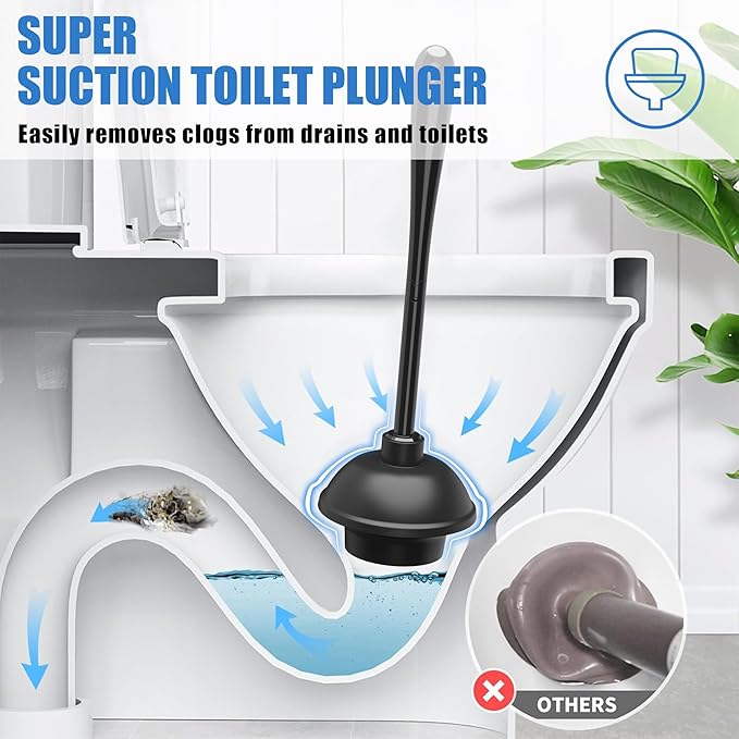 JEHONN Toilet Plunger and Brush Set Black with Holder and Hidden Tweezers, Heavy Duty Bathroom Bowl Scrubber Cleaning Kit for Bathtub Sink Wash Basin