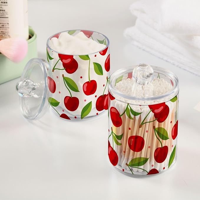 2 Pack Qtip Holder Dispenser for Cotton Ball Cherry Fruits Cotton Swab Round Pads Clear Plastic Acrylic Jar Set Bathroom Canister