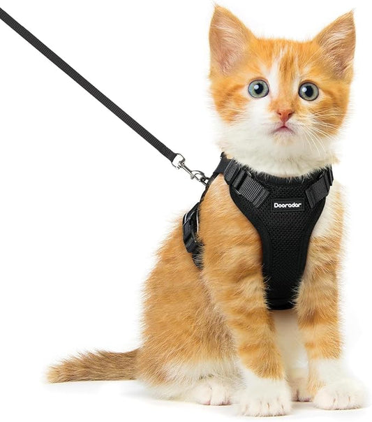 Dooradar Cat Harness and Leash Set, Escape Proof Safe Adjustable Kitten Vest Harnesses for Walking, Easy Control Soft Breathable Mesh Jacket with Reflective Strips for Cats, Black, XXS