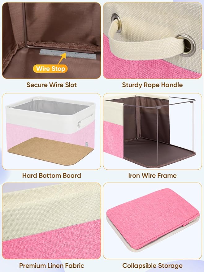 BALEINE 4 Pack Fabric Storage Bins for Shelves, Linen Storage Baskets for Organizing, Decorative Closet Bins for Clothes, Home (Pink, 15''x11''x9.5'')