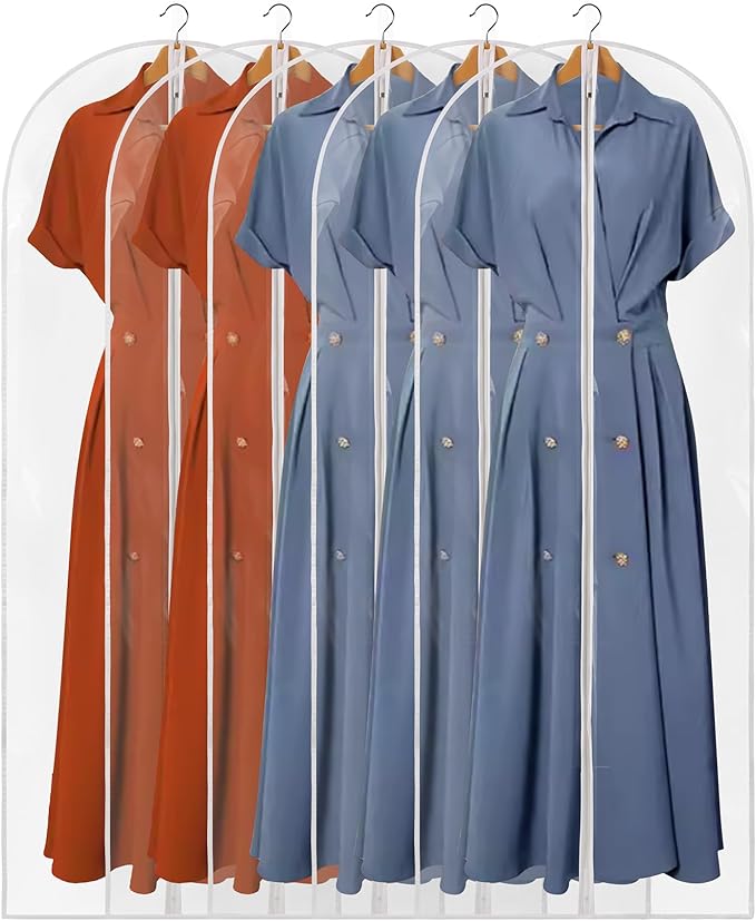 60" Dress Bags for Gowns, 5 Packs All Clear Garment Bags for Hanging Clothes, Plastic Waterproof Dress Cover with Zipper for Dresses, Coats, Uniforms (Set of 5)