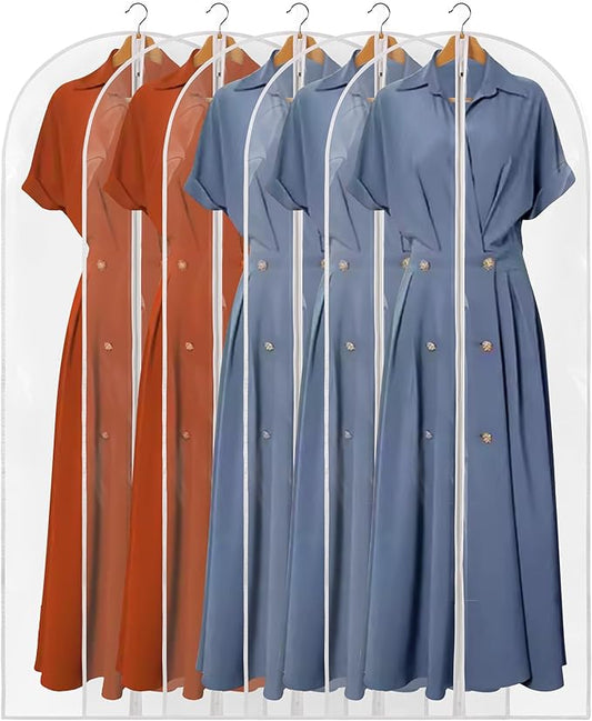60" Dress Bags for Gowns, 5 Packs All Clear Garment Bags for Hanging Clothes, Plastic Waterproof Dress Cover with Zipper for Dresses, Coats, Uniforms (Set of 5)