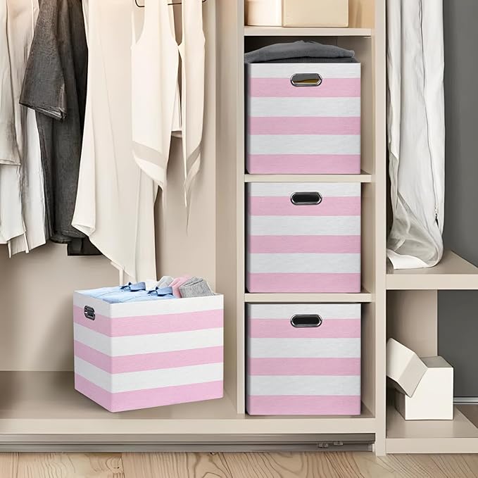 13x15x13 Storage Cube Bins, Foldable Storage Cubes, Fabric Organizer Basket Bin, Striped Containers Decorative Storage Boxes for Shelves Wardrobe Closet Home Office, 4 Pack, Pink/White
