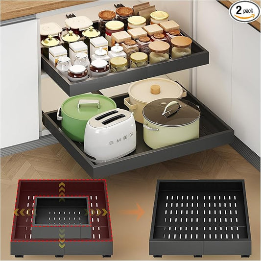 2Pc Pull out Cabinet Organizer,Width (14"-21"),Depth(17"-24") Expandable with 3 Rails,No Drill Roll out Drawers,Adhesive Sliding Drawers,Slide out Shelves for Cabinets Without Lip,Kitchen,Pantry,Black