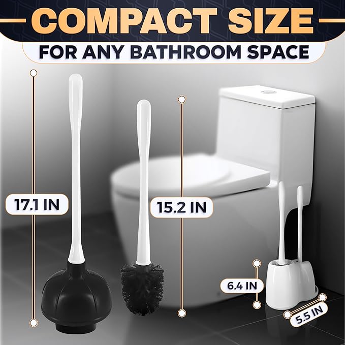 2-in-1 White Toilet Brush and Plunger Set with Holder – Compact Bathroom Cleaning Combo, Strong Rubber Plunger & Stiff Bristle Brush, Space-Saving Stand, Fits Most Standard Toilets, 9.3×6.3×15.2 inch