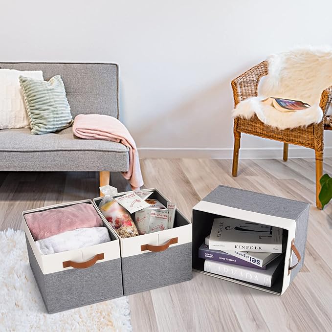 Large Fabric Storage Bins, Foldable Fabric Storage Baskets for Shelves, Sturdy Storage Boxes with PU Handles for Organizing Closet Home Bedroom Office (26L, 3 Packs, Grey&White)