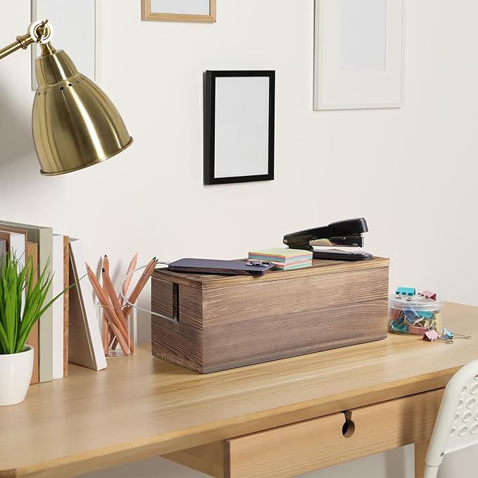 Large Cable Management Box, Burnt Wood Cord Organizer Box for Desk, Floor, Office to Hide Extension Cords Power Stripes Surge Protectors Chargers Wires