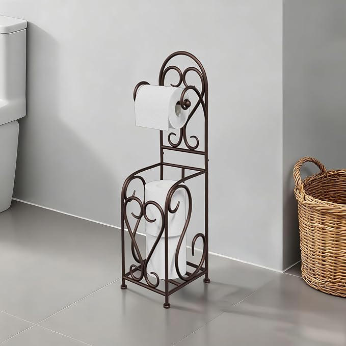 Toilet Paper Holder Free Standing with Storage for Mega Rolls, Scroll Bathroom Tissue Holder Stand, Metal, Bronze