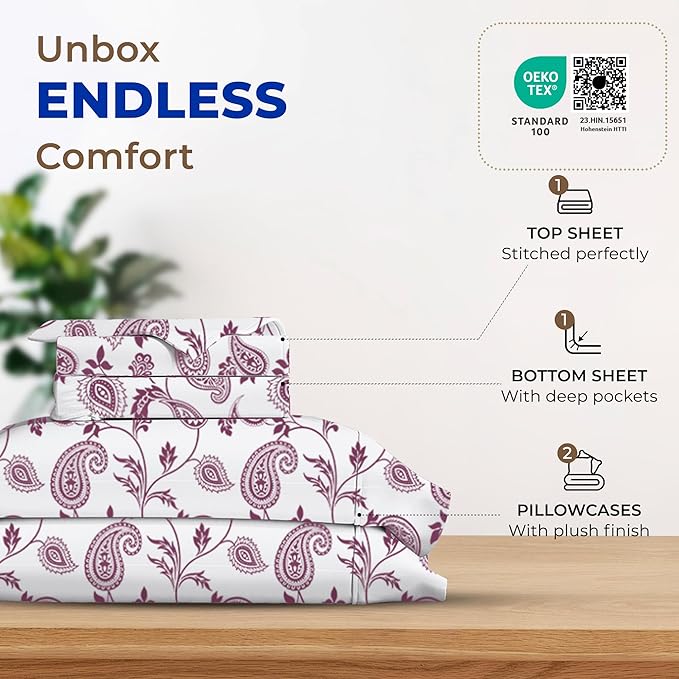 THREAD SPREAD 100% Egyptian Cotton Printed Bed Sheets - 600 Thread Count 4 PC Full Sheet Set, Hotel Luxury Sateen Bedsheets, 16" Deep Pocket Extra Soft Cooling Sheets for Full Size Bed - Paisley