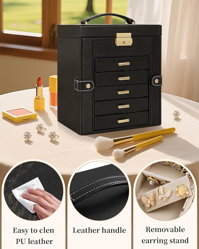 TORIBIO Large Jewelry Box for Women, Leather Jewelry Organizer with Mirror & Lock, 6-Tier Jewelry Storage Case for Girls/Women/Mothers, Necklace Earring Bracelets Holder Organizer