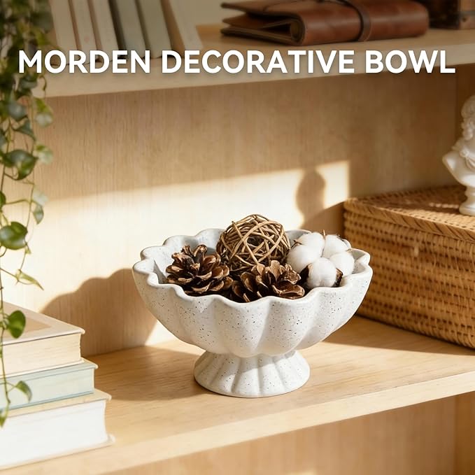 Pedestal Decorative Bowl Home Decor - Morden Resin Handmade Decorative Fruit Bowl for Kitchen Counter, Chic Ruffle Bowl Centerpiece Decor for Dining Table Coffee Table (Spotted White)