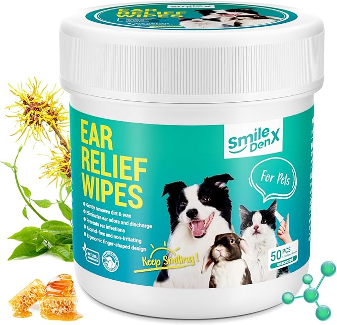 Dog Ear Cleaner Wipes, Dog Ear Infection Treatment, Hypoallergenic Ear Wipes Finger for Dogs & Cats, Gently Relief Ear Itching, Inflammation, Remove Wax, Dirt & Stop Smelly, 50 Count