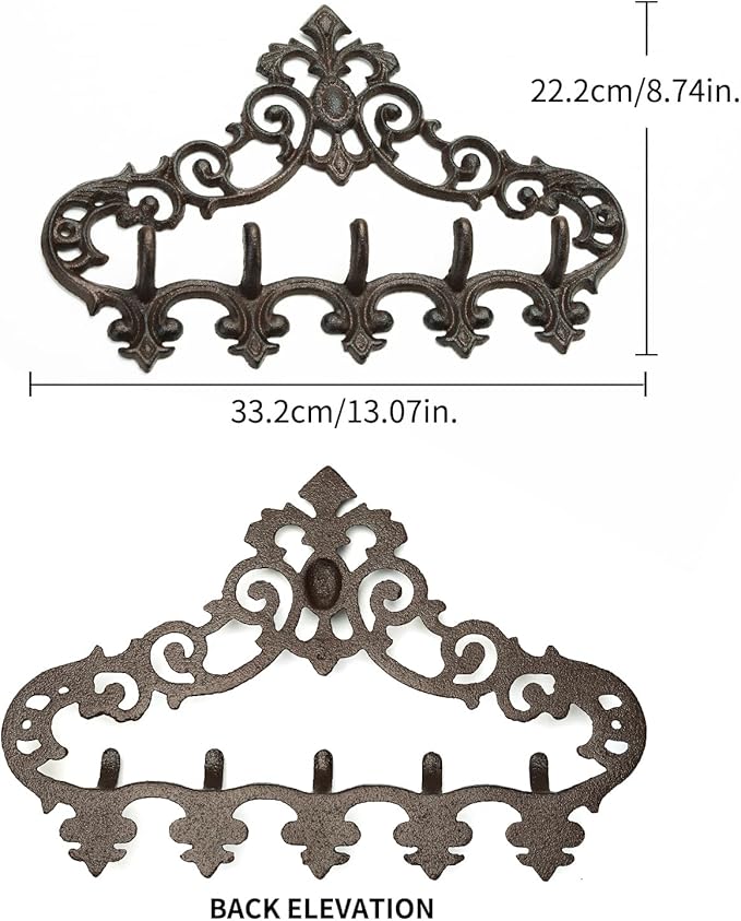 Sungmor Cast Iron Rustic Coat Hook Hanger with 5 Hooks - Practical Iron Storage Organizer/Wall Hooks Hanging Rack - Pretty Pattern Charming Wall Decor for Keys Clothes Hats