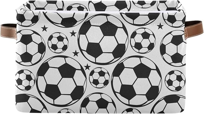 Soccer Ball Football Large Storage Basket Cube Storage Bin Canvas Fabric Organizer Handles Collapsible Decorative for Clothes Toys Bedroom