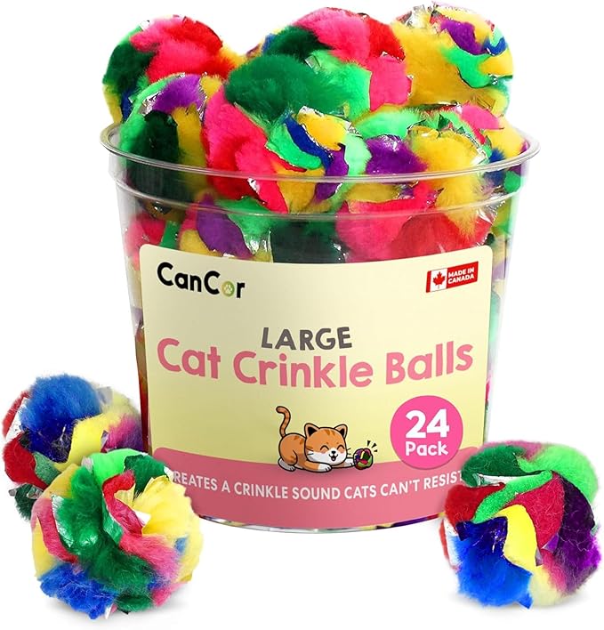 Large Cat Crinkle Balls 2.5 Inch | 24 Pack | Soft Lightweight Indoor Cat Toys with Durable Crinkle Build and Engaging Sound