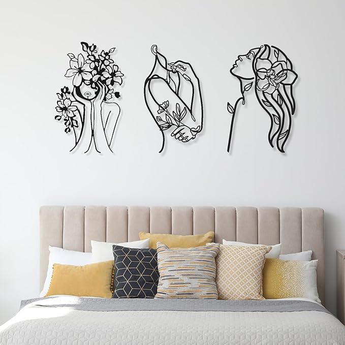 Photect 3 Pcs Metal Wall Art Decor Minimalist Abstract Woman Wall Art Metal Modern Line Drawing Decor Female Single Line Home Hanging for Bedroom Bathroom Living Room Christmas Housewarming(Stylish)