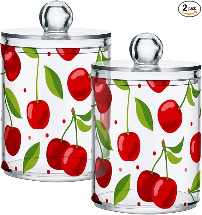 2 Pack Qtip Holder Dispenser for Cotton Ball Cherry Fruits Cotton Swab Round Pads Clear Plastic Acrylic Jar Set Bathroom Canister