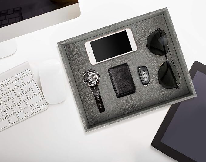 HofferRuffer Decorative Desktop Organizer Tray, Bathroom Vanity Tray, Storage Jewelry Perfume Dresser Tray, Catchall Tray for Change Coin Key, 10.2 x 8.4 x 1.8 inches (Dark Grey Faux Leather Shagreen)