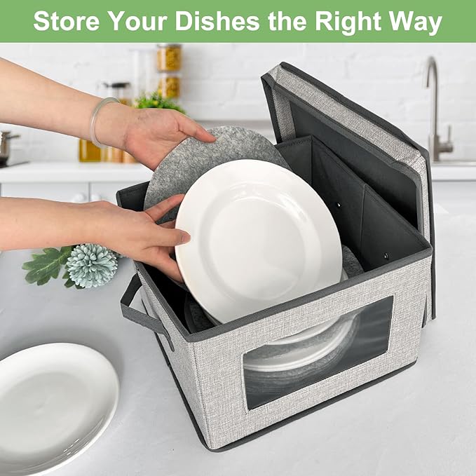 homyfort China Storage Containers With Lid and Handles, Dinnerware Storage Box for Dishes with 12 Felt Dividers, Hold 24 Plates,12 x 12, Set of 2, Light Grey