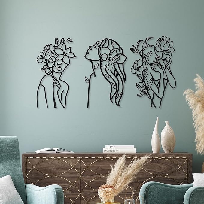 Photect 3 Pcs Metal Wall Art Decor Minimalist Abstract Woman Wall Art Metal Modern Line Drawing Decor Female Single Line Home Hanging for Bedroom Bathroom Living Room Christmas Housewarming(Elegant)