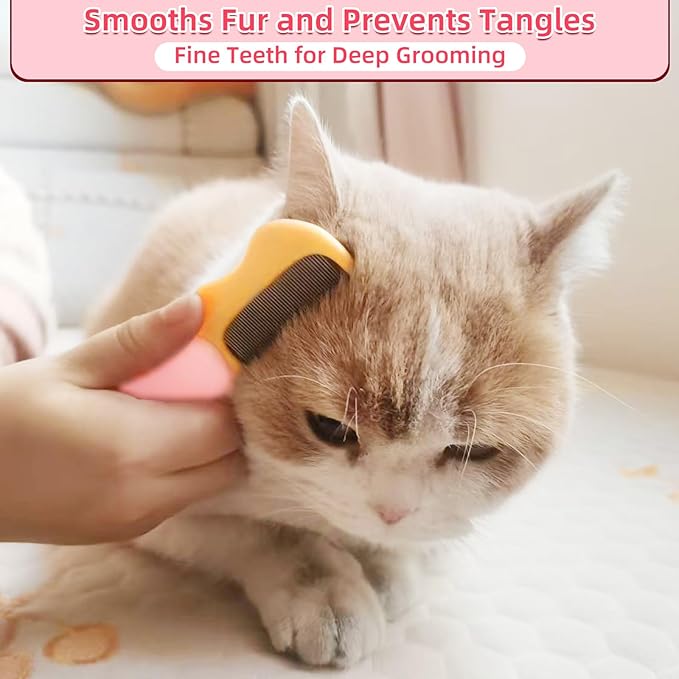 Foldable Cat Grooming Comb for Shedding and Face Care, Stainless Steel Brush for Tear Stains and Full-Body Hair, Portable ABS Handle for Cats and Small Dogs (pink‌ + yellow‌)