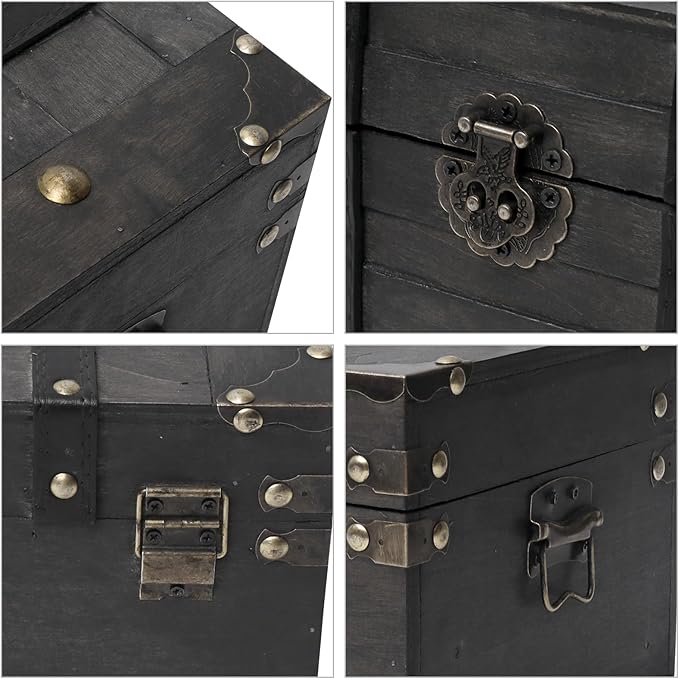 Vintage Wooden Treasure Chest (11" x 7.1" x 5.5") - Decorative Pirate Box with Sturdy Hinged Lid - Antique Style Storage Trunk for Classroom, Keepsakes, & Party Props, Black