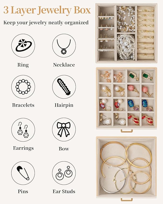 TORIBIO Jewelry Box for Women, Leather Jewelry Organizer with Mirror & Lock, 3-Tier Jewelry Storage Organizer with 2 Drawers for Girls/Women/Mothers, Necklace Earring Bracelets Holder Organizer