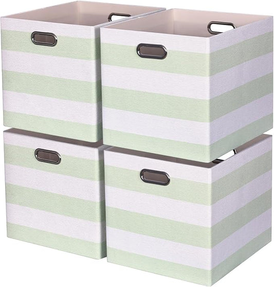 13x15x13 Storage Cube Bins, Foldable Storage Cubes, Fabric Organizer Basket Bin, Striped Containers Decorative Storage Boxes for Shelves Wardrobe Closet Home Office, 4 Pack, Green/White