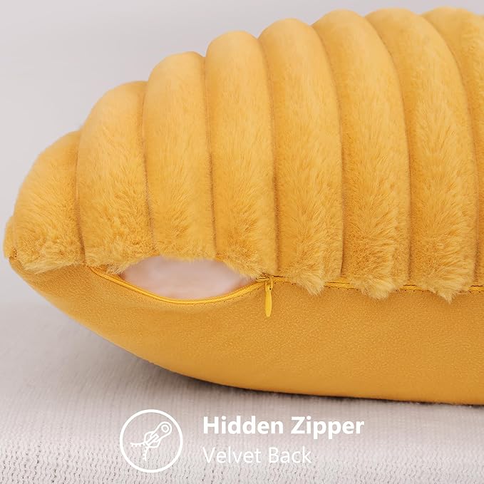 decorUhome Faux Fur Spring Throw Pillow Covers 24x24 Set of 2, Decorative Soft Plush Striped Neutral Couch Euro Sham Pillow Covers with Velvet Back for Sofa, Bed, Living Room Home, Mustard Yellow