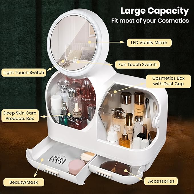 Large Makeup Organizer with Led Light and Mirror - 15" L×8.5" W×12" H Cosmetic Display Case with Fan, Desktop Makeup Box with Drawers, Skincare Storage Box for Vanity Countertop Bathroom, White