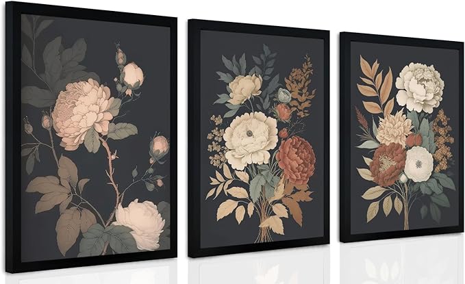 arfitest Vintage Floral Wall Art Dark Plant Canvas Wall Decoration Farmhouse Print Black Peony Painting Wall Decoration Moody Artwork For Living Room Bedroom 12x16 Inch Frame Three-Piece Set