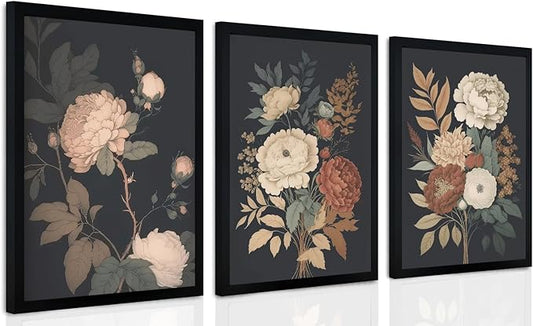 arfitest Vintage Floral Wall Art Dark Plant Canvas Wall Decoration Farmhouse Print Black Peony Painting Wall Decoration Moody Artwork For Living Room Bedroom 16x24 Inch Frame Three-Piece Set