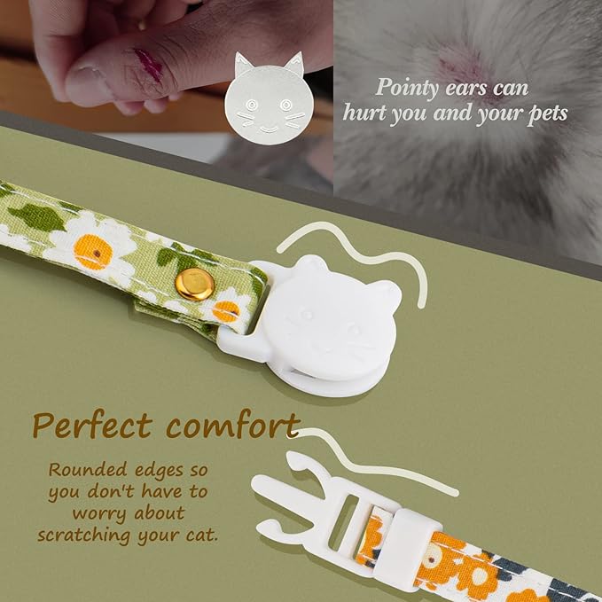 2 Pack Cotton Breakaway Cat Collar with Bell Green&Orange Daisy Pendant Cute Kitten Cat Collar Suitable for Girls and Boys