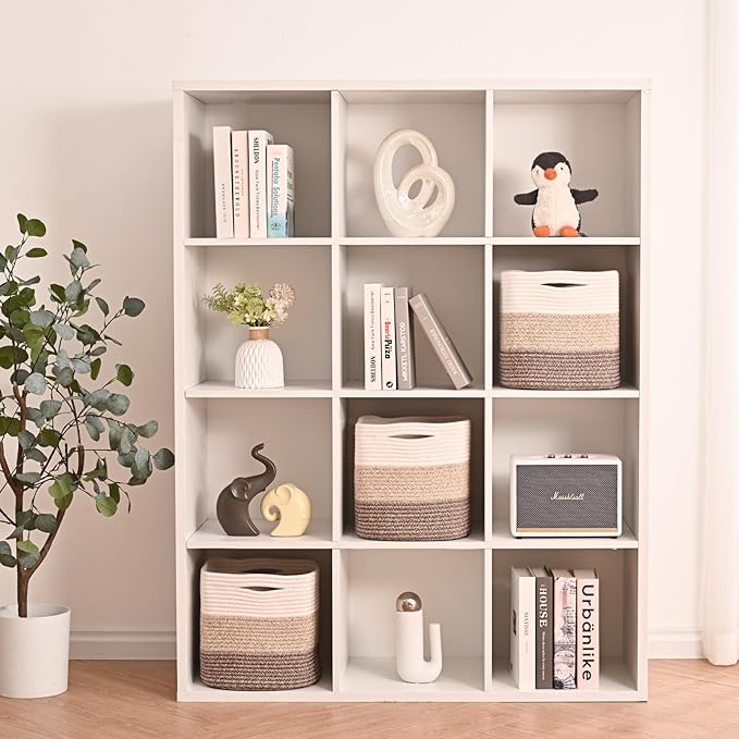 13 Inch Cube Closet Storage Bins, Woven Cotton Rope Organizer Baskets for Organizing & Shelves, Books, Towels, Clothes, Toys, 13x13x13 in, Gradient Brown (Pack of 3)