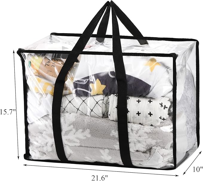 Fasmov 4 Pack Clear Clothes Storage Bag Organizer with Reinforced Handle, Closet Organizer Vinyl Bag for Bedding, Linen, Blankets, Duvet Covers, Comforters, Clothes & Toys