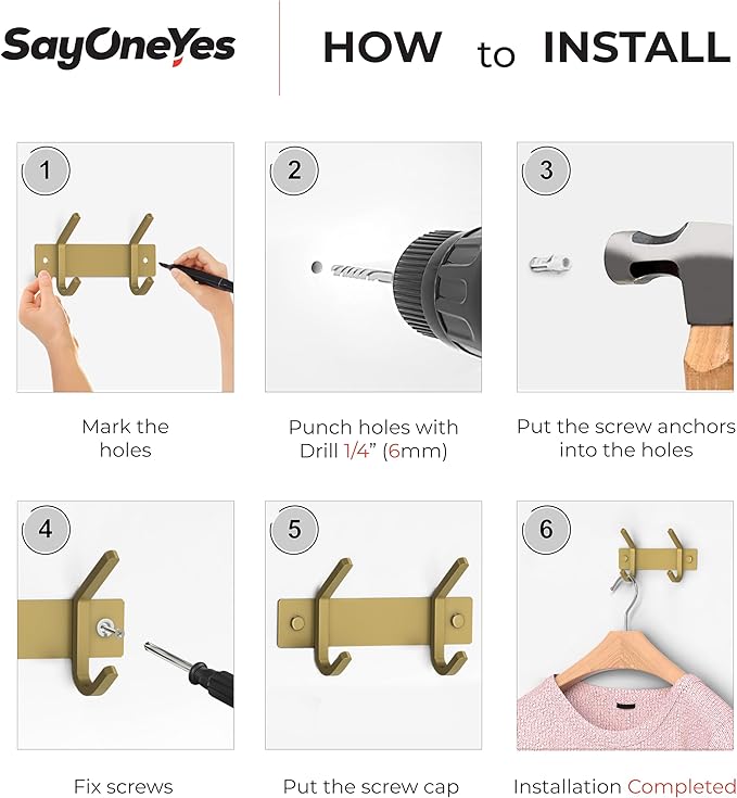 Brushed Gold Small Coat Rack Wall Mount – 6 Inch Stainless Steel Rail with 2 Double Coat Hooks for Entryway, Bathroom, Bedroom, Kitchen – Modern Gold Hook Rack for Coats, Hats, Towels - 2 Pack