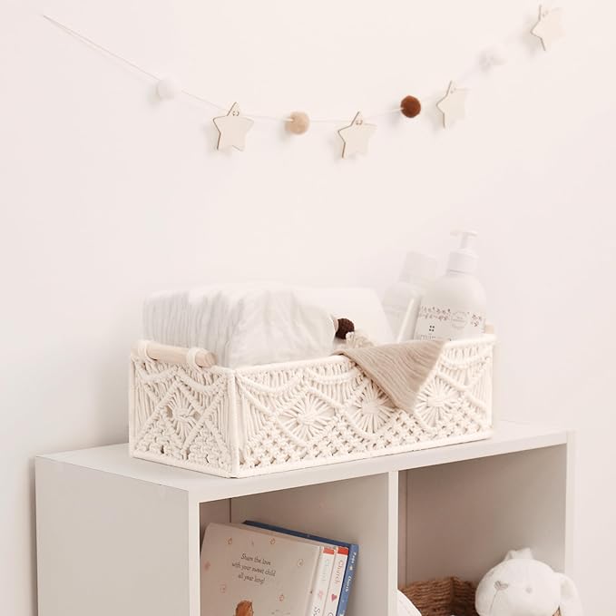 BROWNLILY Macrame Storage Baskets Boho Decor Gift Box Woven Toilet Paper Basket with Wood Handles Home Decorative Baskets for Organizing on Shelf Cabinet Countertop Livingroom - Set of 2