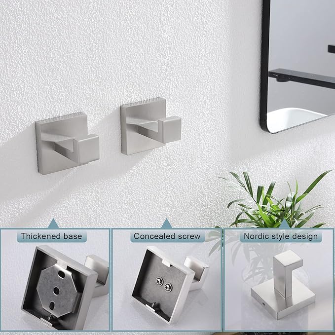KOKOSIRI Bath Towel Hook Wall Mount Square Robe Hook Coat Hook, Bathroom Kitchen Garage Heavy Duty Wall Mounted, SUS 304 Stainless Steel, Brushed Nickel, B1010BR-P2