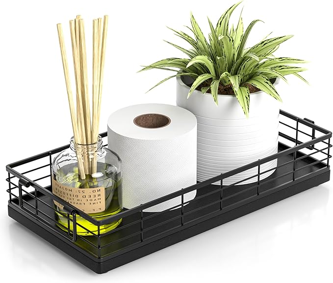 Toilet Paper Basket, 13 Inch Oak and Iron Tank Tray Top of Toilet Storage Toiletries Organizer for Bathroom, Living Room and Kitchen (Black)