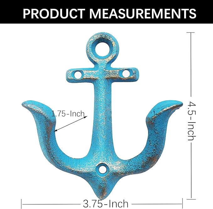 KiaoTime (Blue) Vintage Rustic Cast Iron Nautical Anchor Design Wall Hooks Coat Hooks Rack, Decorative Wall Mounted Antique Shabby Chic Metal Home Bathroom Towel Coat Hooks Hanger