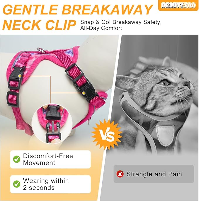 BEAUTYZOO Escape Proof Cat Harness and Leash for Walking, Soft Adjustable Cute Vest for Small to Large Cats, Reflective Breathable Easy-Control Outdoor Jacket, Kitten Harness and Leash Set, Rose, M
