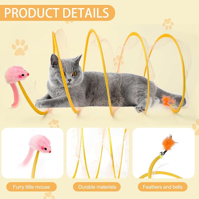 2-Pack Large Cat Tunnel Beds - Indoor & Outdoor,Kitten Collapsible Spring Tunnel Toy with Feather and Bell,Interactive Spring Toys for Cats & Kittens（Yellow）
