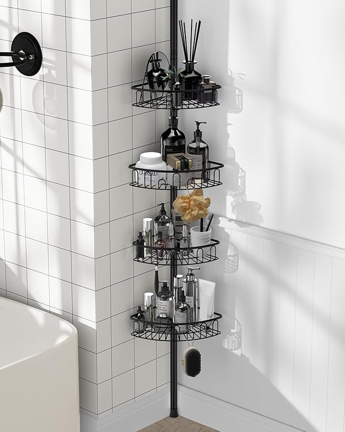 Corner Shower Caddy Tension Pole: Aluminum Shower Caddy Rod with Stainless Steel 4 Tier Adjustable Rustproof Shelves Organizer for Bathroom, 47-121 inch, No Drilling Quick Installation Heavy Duty