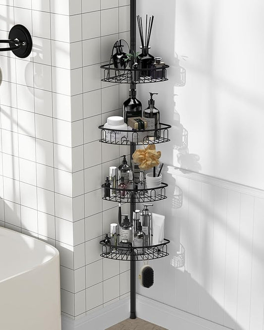 Corner Shower Caddy Tension Pole: Aluminum Shower Caddy Rod with Stainless Steel 4 Tier Adjustable Rustproof Shelves Organizer for Bathroom, 47-121 inch, No Drilling Quick Installation Heavy Duty