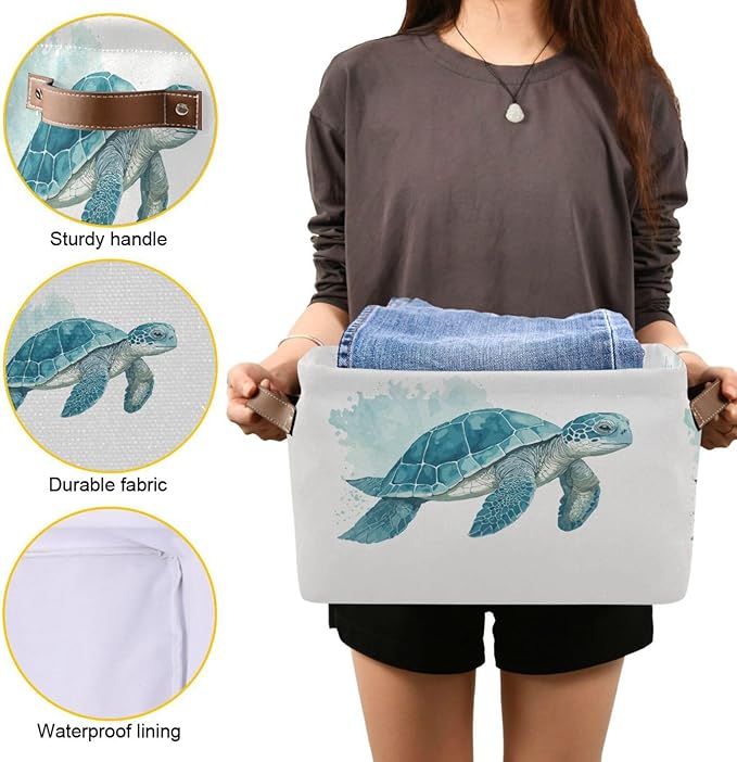 Large Storage Basket Sea Turtle Watercolor Cube Storage Bin Canvas Fabric Organizer Handles Collapsible for Clothes Toys Bedroom Decorative