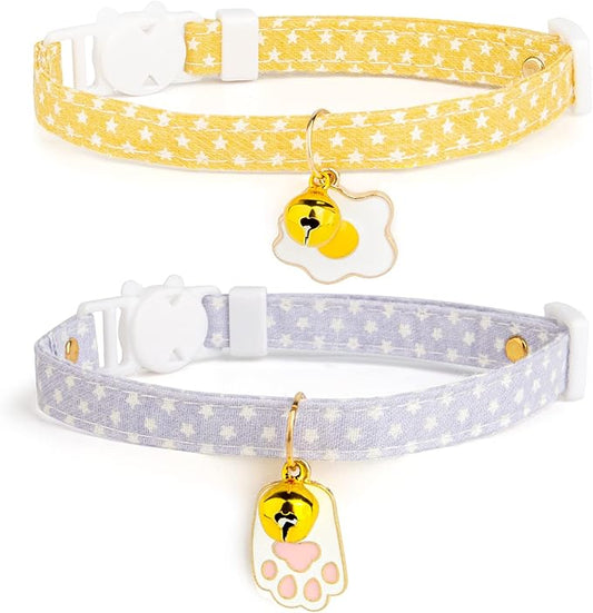 2 Pack Cotton Breakaway Cat Collar with Bell Yellow & Purple Egg Paw Pendant Cute Kitten Cat Collar Suitable for Girls and Boys
