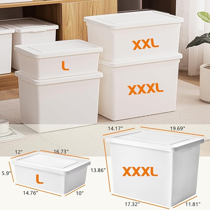 10gal+3gal Large capacity White multifunction storage bin with lid, Set of 8 Stackable Plastic Boxes with Handles, Office，Garage，Home, for Organizing Snacks, Crafts, Legos, Tools,books （4XXXL+4L