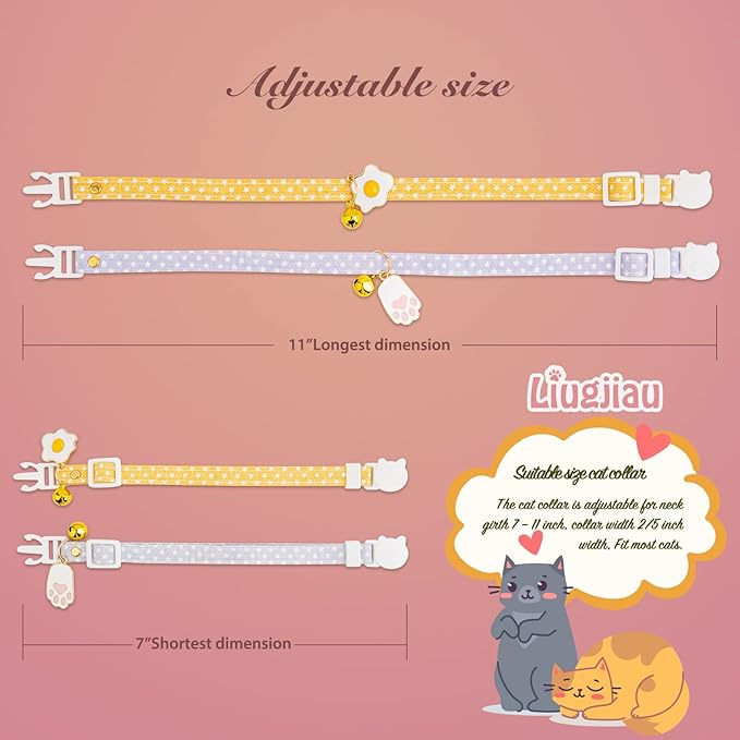 2 Pack Cotton Breakaway Cat Collar with Bell Yellow & Purple Egg Paw Pendant Cute Kitten Cat Collar Suitable for Girls and Boys