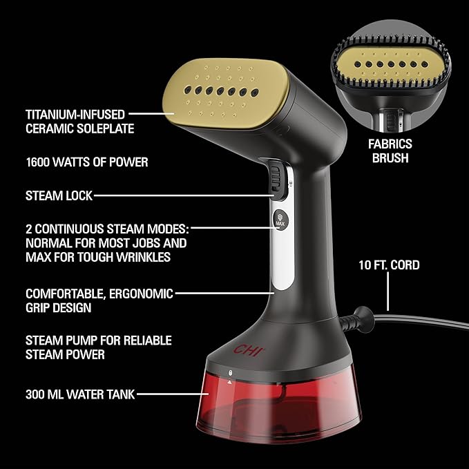 CHI Handheld Garment Steamer for Clothes, Fabric Brush, Large 300 ml Water Tank, 2 Steam Modes, Ergonomic Handle, Portable Steamer for Clothes, 10’ Cord, (11590)