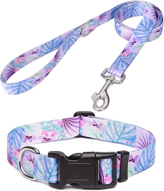 Dog Collar and Leash Set with Bohemia Floral Tribal Geometric Patterns - Soft Ethnic Style Collar Adjustable for Small Medium Large Dogs(Purple Flower Flower Set,S)